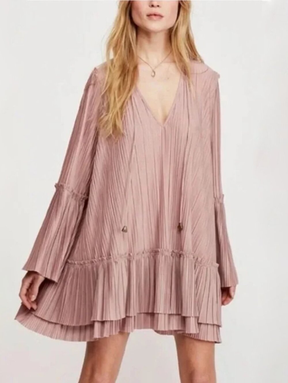 Free People Pleated Bell Sleeve Lace Up Tiered Mini Dress Mauve Medium Boho
